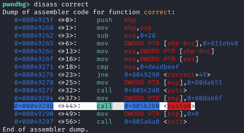 GDB disassembly of correct